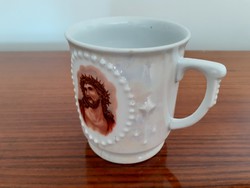 Antique porcelain mug Art Nouveau old cup with Christ pattern