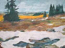 Tájkép fenyőkkel, hegyvidék - olaj vászon (40x30 cm) olasz festő?