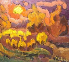 Mártonfi benke márta: autumn landscape (oil, fibreboard, 28x25 cm) twilight landscape