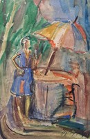 Iglay József (1905-1980): Ernyős hölgy, akvarell (teljes méret 47x35 cm)