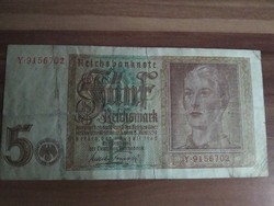 5 Márka, Fünf Reichsmark, 1942-es kiadás, 7 sorszámjegyű: Y 9156702