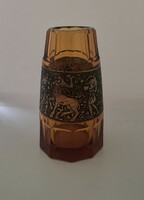 Borostyán-irizáló, jelzett Moser, metszett üveg váza. Cc 1910-15. Hibátlan!