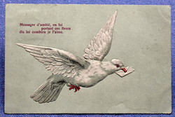 Antik dombornyomott üdvözlő litho képeslap galamb levéllel