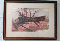 Petkes József: Zsennyei fatörzs "szöcske " 1988, akvarell mérete:36x23 cm, kerettel: 51x38 cm