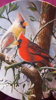 Amerikai kardinális pintyes, madaras porcelán dísztányér (L3388)