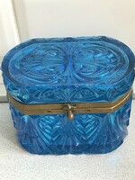 Antique pressed glass tea box in gentian blue, 13.5 x 9 x 9.5 cm