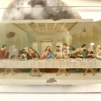Leonardo da Vinci - Az utolsó vacsora - régi papír szentkép üvegre applikálva, kis szent kép 9x15 cm