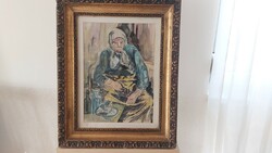 (K) Régi akvarell festmény idős néni 48x61 cm kerettel