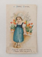 Régi húsvéti képeslap levelezőlap kislány tulipán