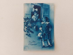 Régi húsvéti képeslap fotó levelezőlap gyerekek ablakban