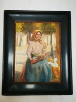 Antique Oil Canvas Painting of a Folk Scene, Village Fair with Rooster and Duck