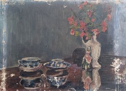 Csendélet virággal - jelzett régi olajfestmény 1916- ból (40x29 cm)