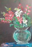Flower still life - with brandy mark, tempera and pastel on black paper (42x29 cm)