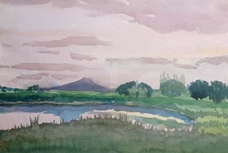 Landscape with a lake - watercolor (44x29 cm)