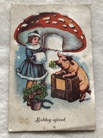 Antik, régi  Újévi  képeslap , Malac, lóhere, gomba, kislány                     -5.