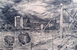 Tamás Ervin: Elizabeth Bridge, Budapest - 1966 (etching, 30x21 cm)