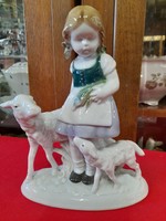 Alt Német,Germany Fasold & Stauch Bock Wallendorf 1935-1949,Bárányos Kislány Porcelán Figura.19 cm.