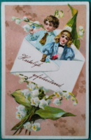 Antik üdvözlő képeslap kisleány kisfiú gyöngyvirág, boríték