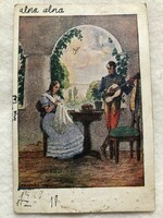 Antik romantikus képeslap - Biczó András festménye - Tornácon                                -5.