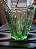 Uránzöld midcentury/vintage metszett jégkocka vödör,  vastag falú üveg fémfüllel