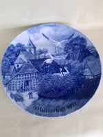 German porcelain, decorative plate, with a stork pattern, in a blue mood waiting for spring. Rarity!