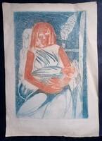Barczi pál: mother with child - colored etching (full size: 40x57 cm)