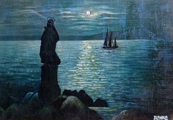 Holdfényes tópart szent szoborral - Ilonka jelzéssel - Balaton, vitorlások - tájkép