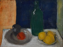Csendélet zöld üveggel és gyümölcsökkel festmény, olaj falemez, kerettel: 38 x 48 cm, jn.