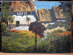Tájkép fákkal, házakkal, olvashatatlan jelzéssel festmény, keret nélkül 42 x 57 cm, olaj vászon k.