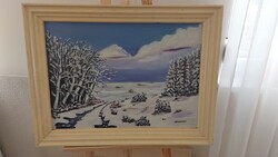 (K) beautiful signed winter landscape painting with frame 70x53 cm