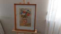(K) Szép szignózott virágcsendélet festmény 41x53 cm kerettel