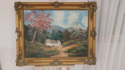 (K) tájkép festmény házakkal 99x80 cm kerettel.