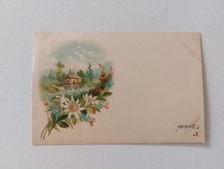 Régi képeslap 1900 levelezőlap tájkép virágok házikó