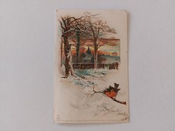 Régi képeslap 1900 levelezőlap kismadár havas táj