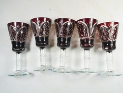 Old retro glass short drink set, 5 glasses with a polished pattern