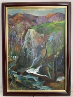 Páll Lajos (1938-2012) festmény, Vízesés és hegyek, őszi erdélyi tájkép.