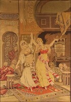 1M361 old orientalist dance scene on needle tapestry in a gilded frame 93.5 X 67.5 Cm