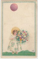 Üdvözlő képeslap gyerekek 03.s. ARTIST SIGNED AUGUST PATEK:Child Balloon Flower 1918