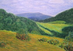 Dombos vidék - panoráma tájkép - jelzett pasztell kerettel - derűs táj, dombokkal, hegyekkel