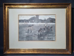 Miháltz Pál: Itatás a folyóban, 1955 - szignózott - utcakép, lovak