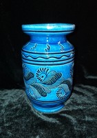 Rare blue ceramic vase with a Korund engraving pattern, 15 cm