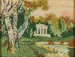 1M404 old tapestry lakeside castle in frame 28 x 33 cm