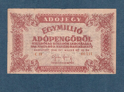 Egymillió Adópengő (Adójegy 1000000 Adópengőről) címer fordított állású, 5 jegyű sorszám,amelyeknek