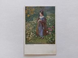 Régi képeslap levelezőlap kislány virágok