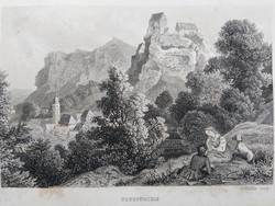 Pottenstein, Franken. Eredeti acelmetszet ca.1835
