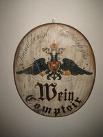 Old Austrian wine for a large trading company, hand painted, oval, wooden board, 48 x 58 cm