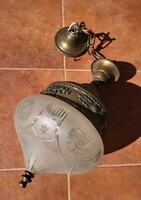 100 éves mennyezeti függő lámpa, réz csillár, eredeti csiszolt üveg búrával