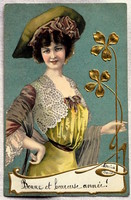 Antik art nouveau dombornyomott  litho képeslap hölgy arany 4levelű lóherével