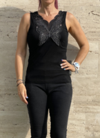 Sleeveless black casual top with glitter butterfly pattern