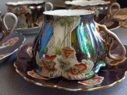 Antik eozinos teás szett 4 db, csésze és kistányér, gyűjtői